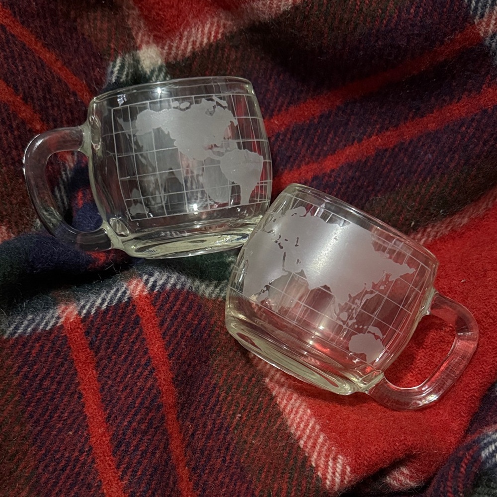 Set of Two-Nestle World Globe Etched Glass Coffee Mugs-1970’s-EUC